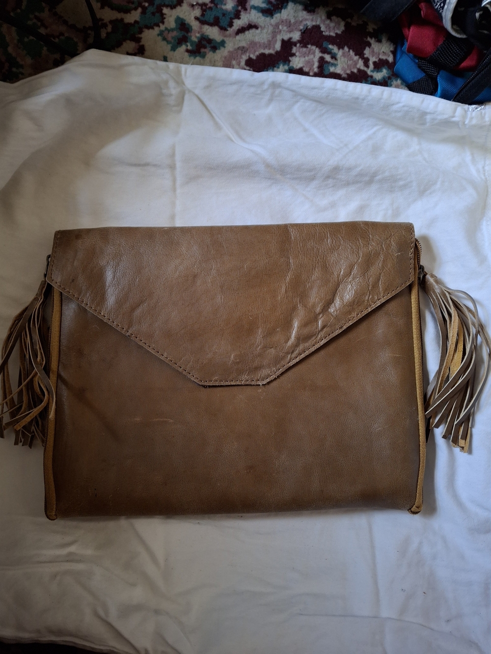 Tassel-Trim Envelope Clutch in Warm Brown